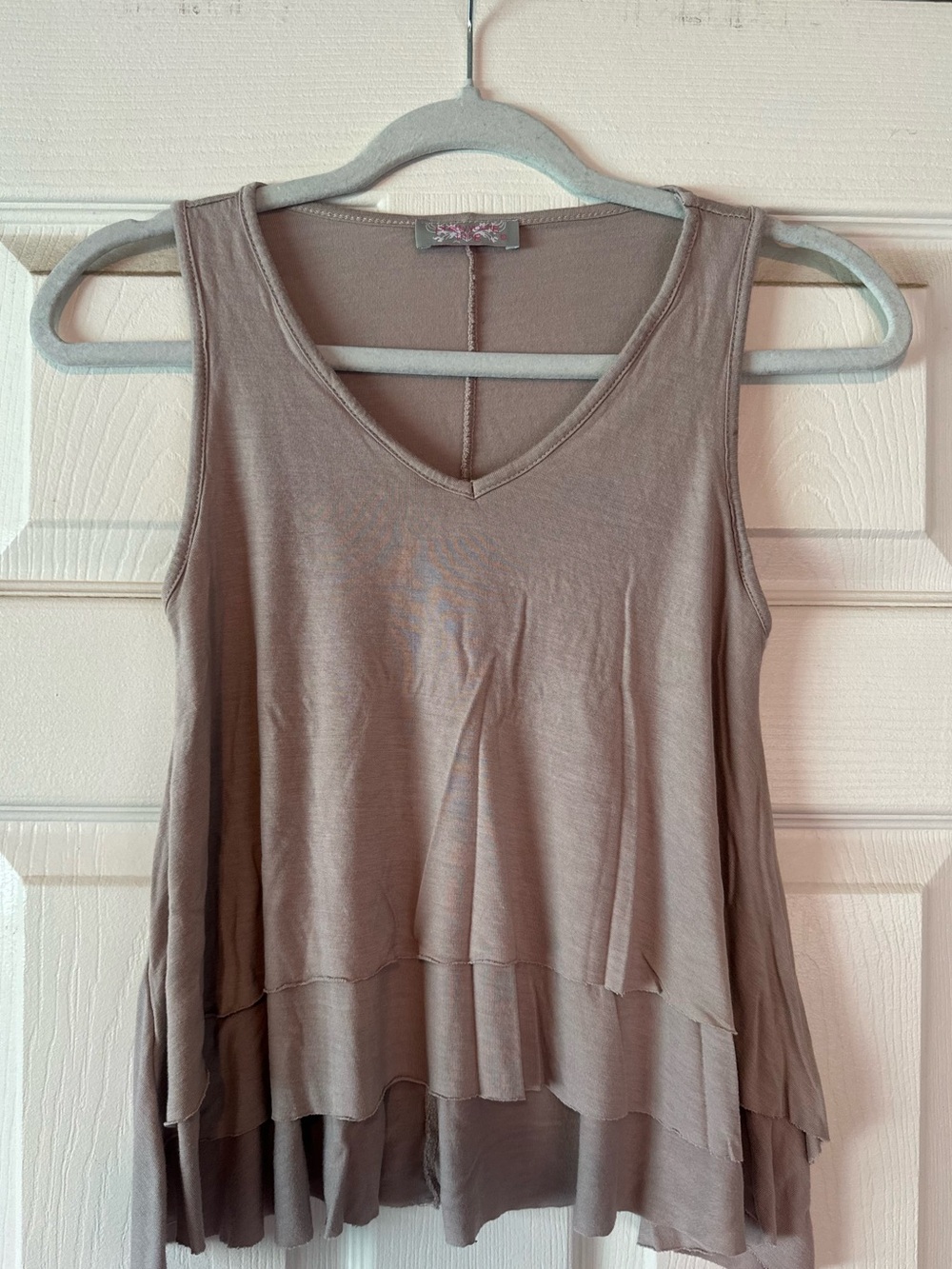 Taupe Sleeveless V-Neck Layered Ruffle Women's Top small